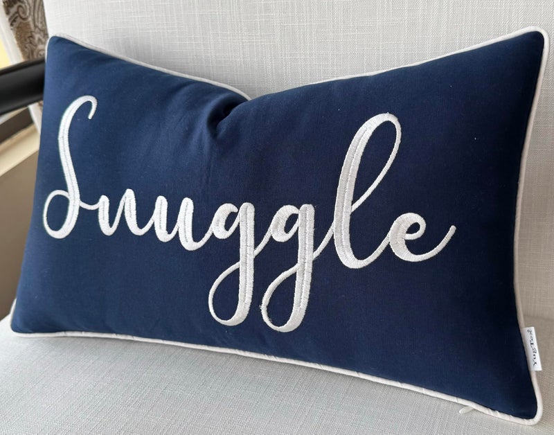 YugTex Romantic Couple Love Sentiment Embroidered Decorative Sayings Lumbar Accent Throw Pillowcase - Snuggle Phrase Decor for Wedding, Anniversary, Valentine - 12x20 Inches, Navy Blue - Image 3